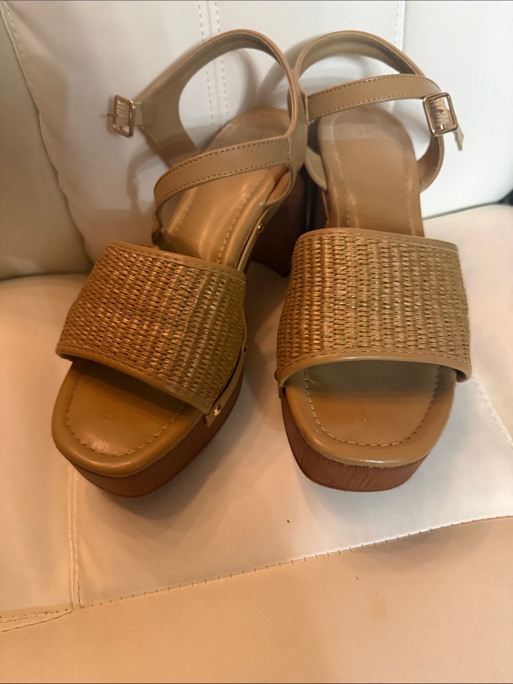 Woven Tan Platform Sandals with Ankle Strap
